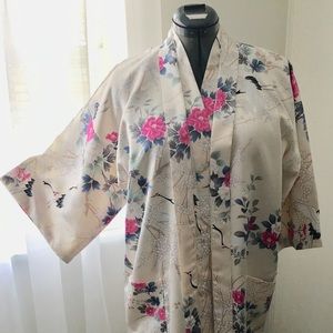 Ivory Satin M/L Floral Crane Print Kimono Robe